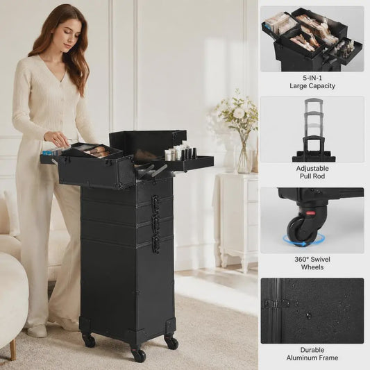 Professionele Make-up Koffer met Aluminium Frame - 5-in-1 Organisatie & 360° Wielen