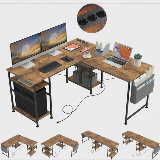 L-vormig Bureau met Opbergruimte & Geïntegreerde Stroomvoorziening - Modern Bruin Hoekbureau 140x140cm