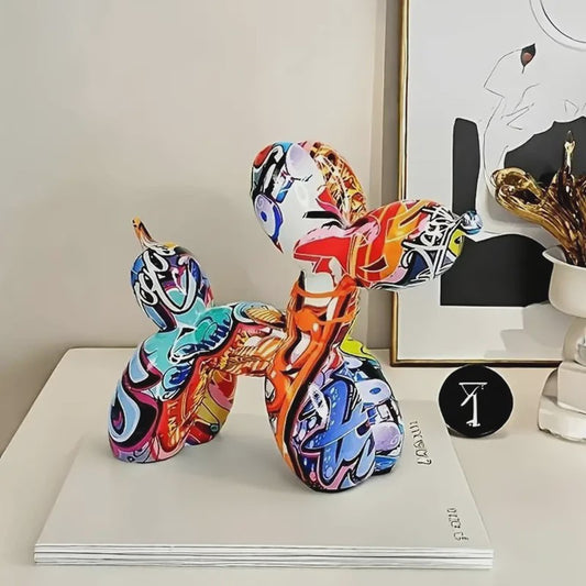 Kleurrijke Ballonhond Sculptuur - Graffiti Stijl Hondenbeeldje voor Woonkamer Decoratie
