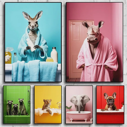 Grappige Dieren Poster Set - Kangoeroe, Nijlpaard, Olifant in Bad - Canvas Muurdecoratie