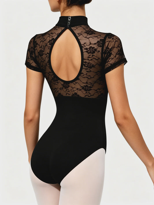 Dames Ballet Leotard met Kant en Hoge Hals - Korte Mouwen & Holle Rug