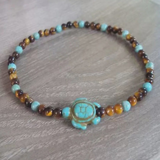 Handgemaakte Schildpad Turquoise & Tijgeroog Anklet voor Dames en Heren - Strand & Bescherming