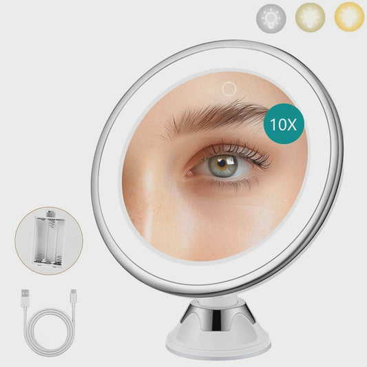 Draagbare Make-up Spiegel met 10x Vergroting, 3 Kleuren LED Licht en Zuignap