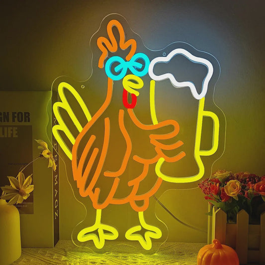 Grappige Haan met Bier Glas Neon Sign - Sfeerverlichting voor Man Cave, Bar & Pub