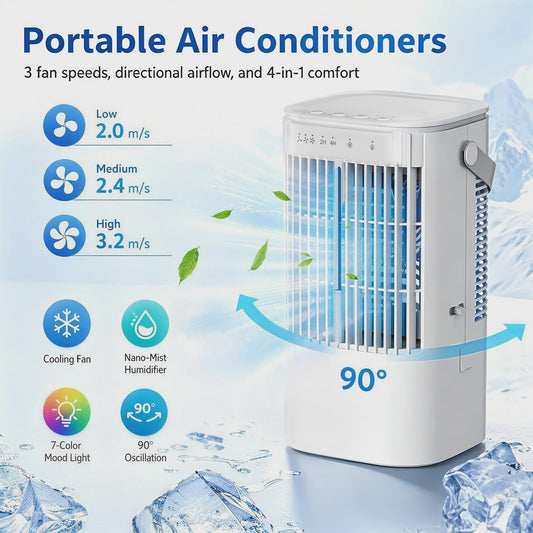 Draagbare Ventilator met 900ml Tank, 7-kleuren Nachtlampje & USB - Ideaal voor Huis en Kantoor