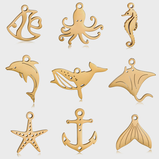 5-delige Set RVS Bedeltjes Zeeleven: Walvis, Dolfijn, Octopus, Vissenstaart & Manta Ray