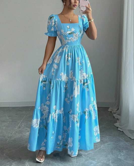 Elegante Dames Maxjurk met Bloemenprint en Vierkante Hals - Perfect voor Zomerfeesten en Bruiloften