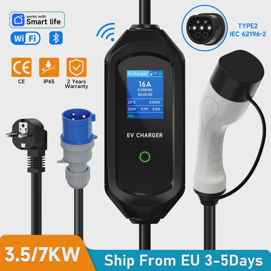 Draagbare EV Charger 3.5/7KW Type 2, 16A Snel Laadkabel met WiFi & APP Controle