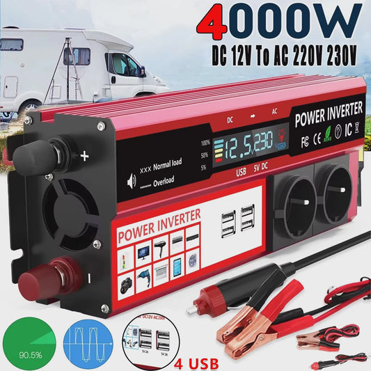 Krachtige 4000W/3000W Power Inverter: 12V DC naar 220V/230V AC met 4 USB & LED Display