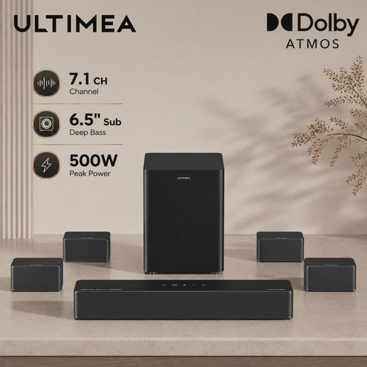 ULTIMEA Poseidon D80 Boom Soundbar: 7.1ch Dolby Atmos, 500W, Draadloze Subwoofer & 4 Surround Speakers, App Bediening