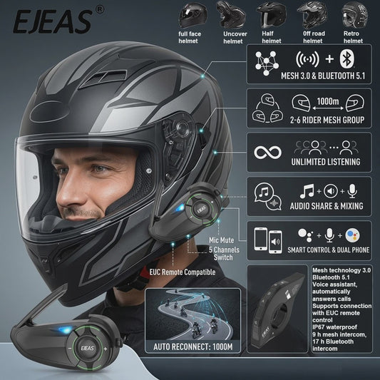EJEAS Q8 Motorhelm Intercom Systeem - Bluetooth 5.1 Mesh 3.0, APP Bediening