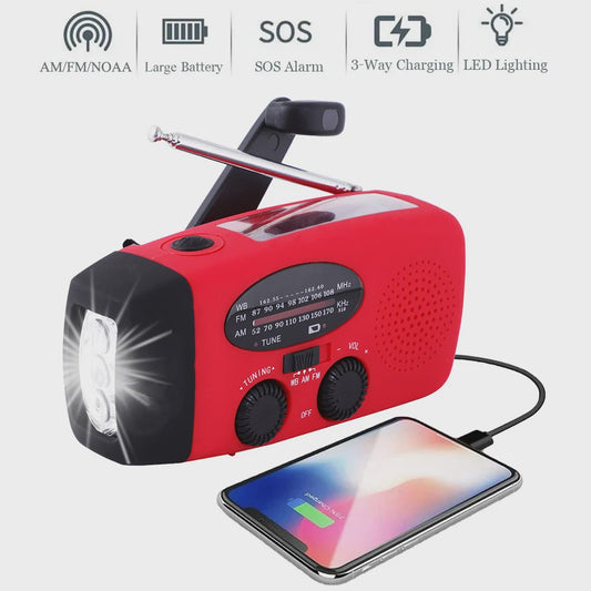 Noodlamp met Radio & Powerbank: Solar, Dynamo, USB Opladen