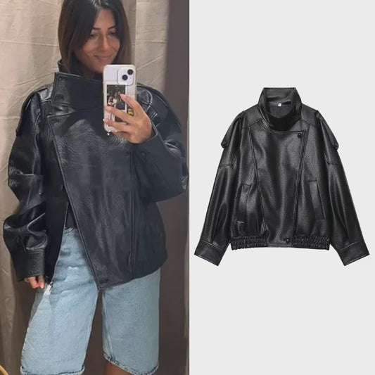 Dames Zwarte Oversized Faux Leren Jas - Chic Streetwear Stijl