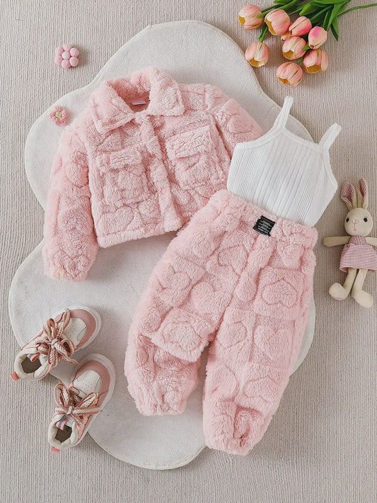 Schattige Baby Meisjes Set: Roze Pluche Jasje, Lange Broek & Top