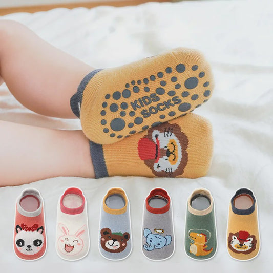 6 Paar Leuke Kinder Sokken met Antislip - Katoen, Ademend & Comfortabel - Schattige Dierenprintjes