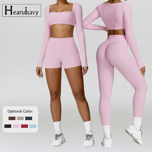 Dames Yoga Set 2-Delig: Sneldrogend Sportpak met Lange Mouwen Top en Hoge Taille Shorts