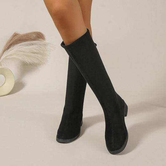 Winter Round Toe Sexy and Comfortable Suede Low Heeled Boots, Fashionable New Style, Elegant Fashion Show Knight Boots for Women