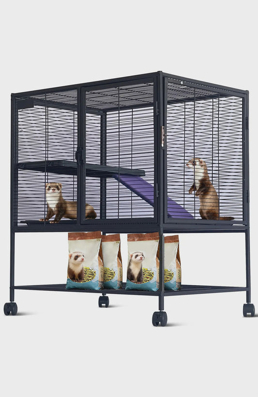 Ruime Multi-Level Kooi voor Kleine Dieren - 91 cm Hoog, Met Plateaus, Helling & Opbergruimte