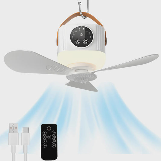 Oplaadbare Hangende Ventilator met 3600mAh Batterij, 4 Snelheden & 3 Lichtstanden - Draagbaar voor Camping & Reizen