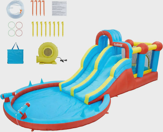 Garvee Kinder Springkussen met Waterglijbaan en Waterpistool - Groot Opblaasbaar Speelparadijs