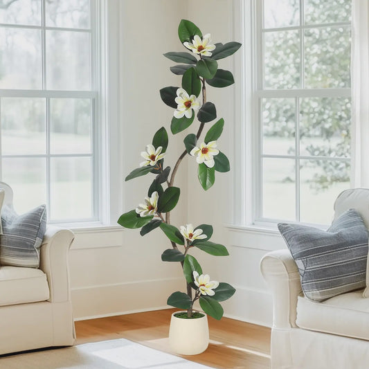 Kunst Magnolia Boom met Witte Pot - 150/180/210cm - Luxe Kunstplant voor Binnen