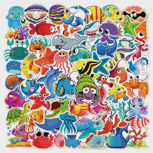 50x Schattige Zeedieren Cartoon Stickers - Oceaan Wereld, Koraal & Kwallen Decoratie voor Laptop & Dagboek