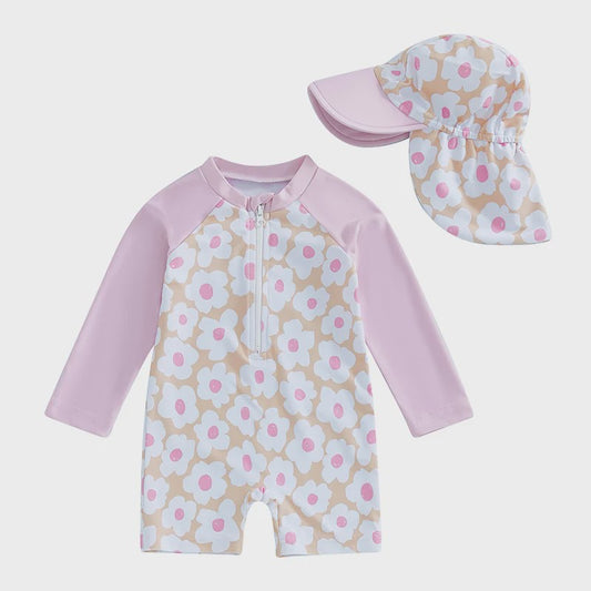 Meisjes Zwempak Lange Mouwen met Zonnehoed - Bloemenprint