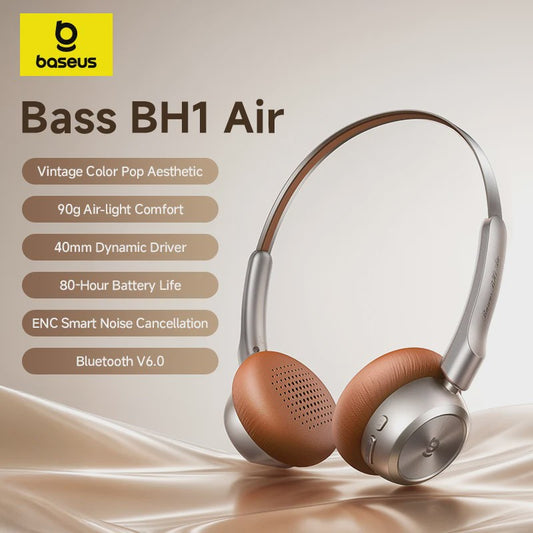 Baseus BH1 Air Draadloze Koptelefoon - Lichtgewicht (90g), 80 uur batterij, Bluetooth 6.0, ENC Noise Cancellation