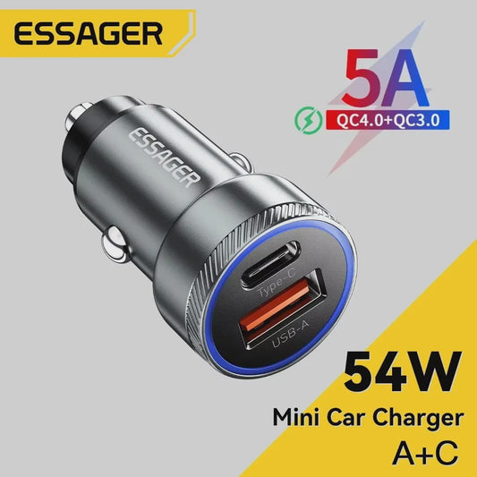 Essager 54W Snellader Auto | PD 3.0 & QC 3.0 | USB-C & USB-A | Snel Opladen Telefoon