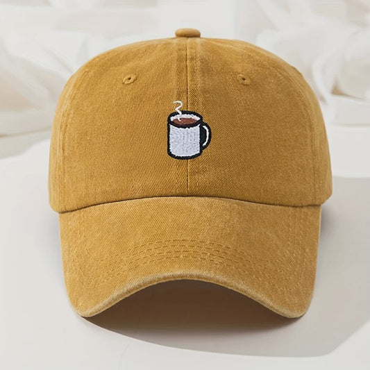 Retro Gewassen Baseball Cap met Koffiekopje Borduurwerk - Verstelbaar & Casual