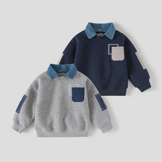 Warme Kinder Sweater met Denim Kraag en Patch Pocket - Herfst/Winter Collectie