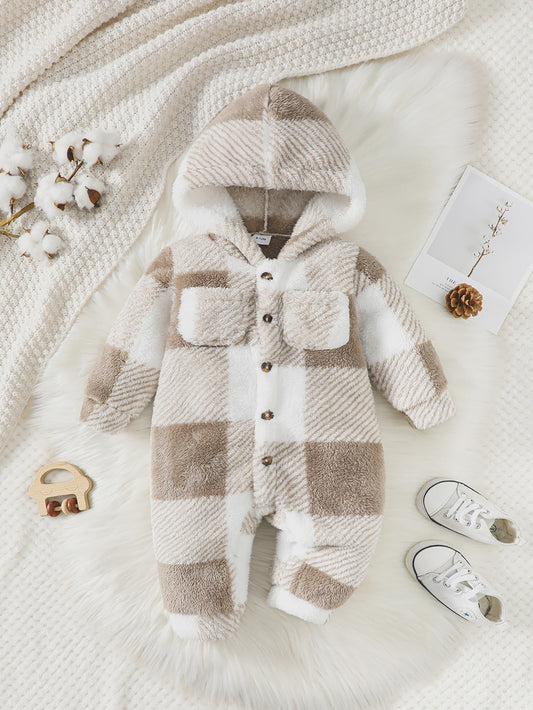 Warme Pluche Baby Romper met Capuchon - Geruit Jumpsuit voor Peuters (3-24 maanden)