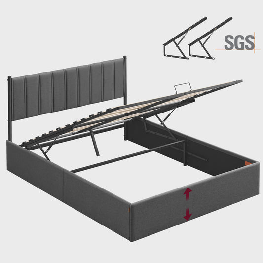 VASAGLE Bedframe 160x200 cm met Opbergruimte, Grijze Hoofdbord en Opklapbaar Lattenbodem