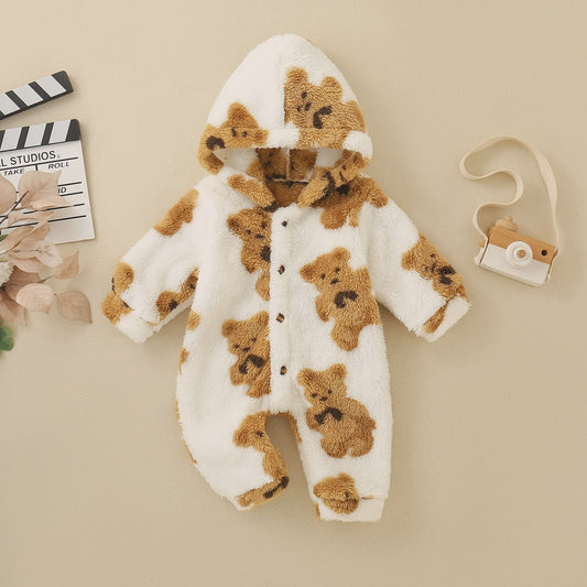 Schattige Baby Jumpsuit met Berenprint - Warm Fleece met Capuchon voor Peuters & Baby's