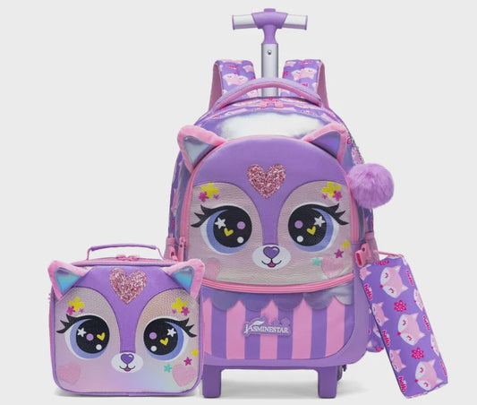 3-delige Kinder Trolley Rugzak Set met Wieltjes, Lunchtas en Etui - Meisjes
