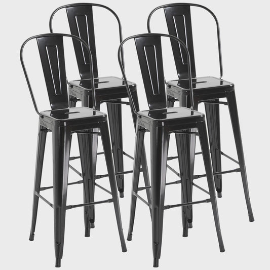 Homcom Set of 4 Metal Bar Stools High Stool Industrial Bar Chair with Backrest Seat Height 76.5 cm Black Metal