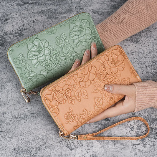 Lange Dames Portemonnee met Bloemenreliëf - Telefoonvak, Kaarthouder & Muntvak
