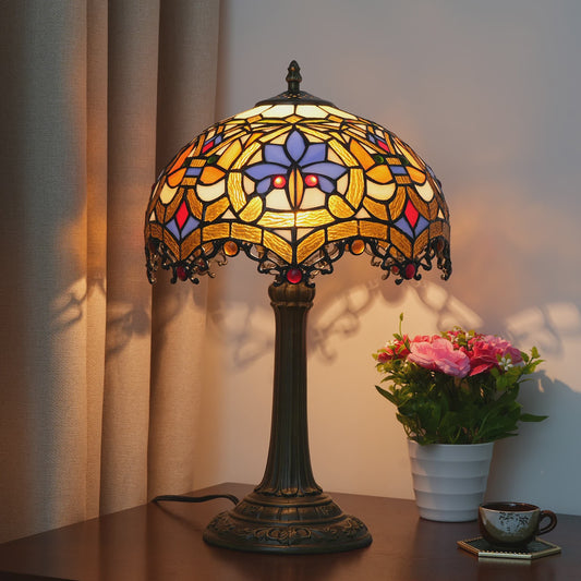 Vintage Gebrandschilderd Glas Tafellamp - Pauwstaart Stijl
