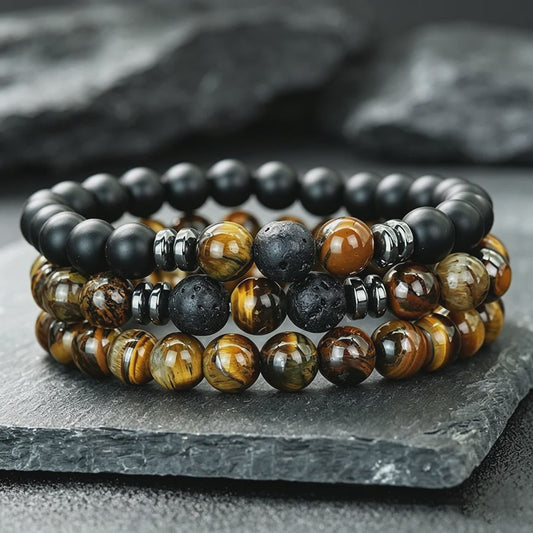 Set van 3 Heren Armbanden: Tijgeroog, Lavasteen & Onyx - Natuursteen