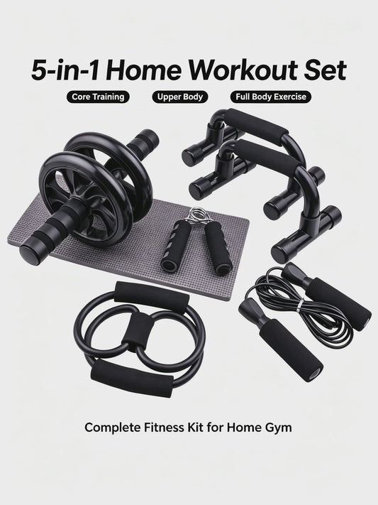 7-delige Home Workout Set: Springtouw, Handknijper, Push-up Bars & Buikroller