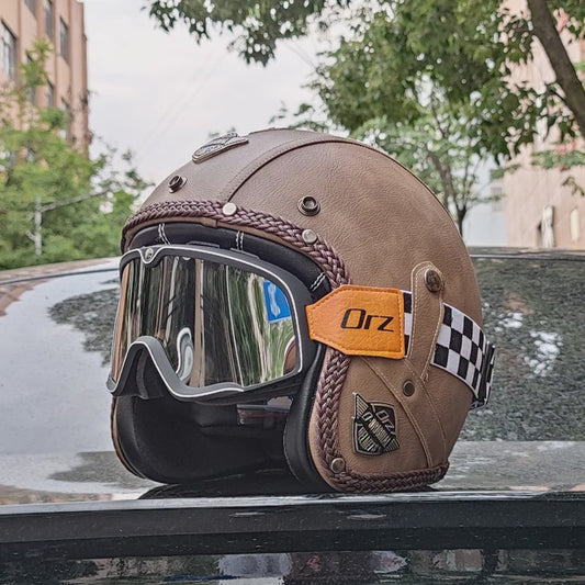Retro Open 3/4 Motorhelm PU Leer - Stijlvol & Veilig met DOT Keurmerk