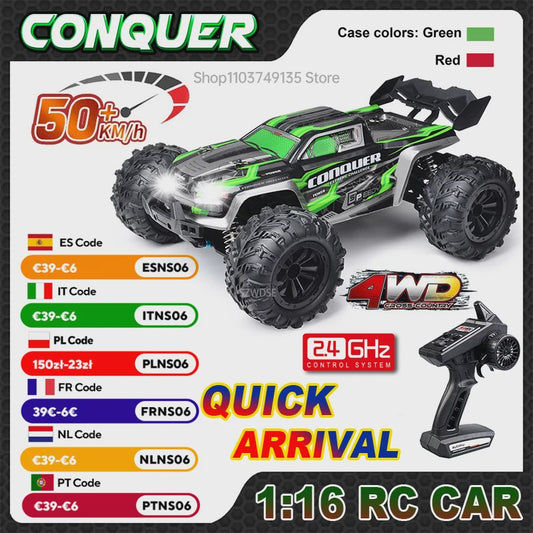 WLtoys 16102 1:16 RC Monster Truck - 50KM/H High Speed 4WD Off-Road Auto met LED