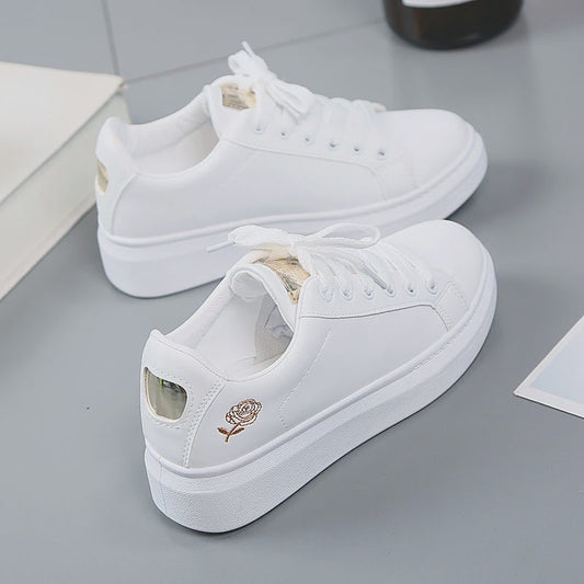 Dames Witte Sneakers met Geborduurde Bloem - Casual Leren Veterschoenen