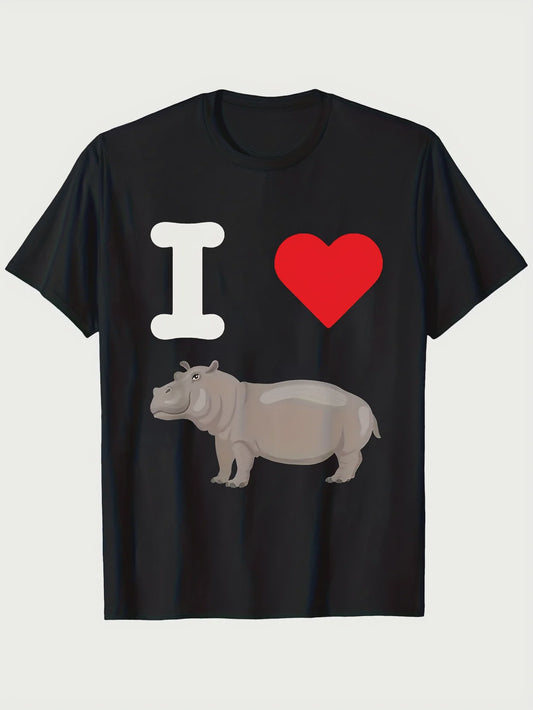 Herenshirt 'I Love Hippos' - Zwart, Casual T-shirt met Nijlpaard Design
