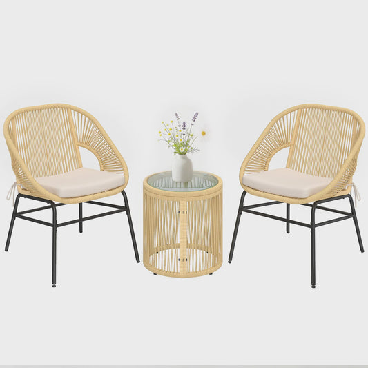 Outsunny Balkon Bistro Set - 3 Delig met 2 Comfortabele Stoelen en Glazen Tafel - Beige