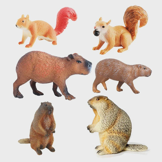 Set van 6 Realistische Dierenbeeldjes: Capibara, Eekhoorn & Marmot Speelgoed