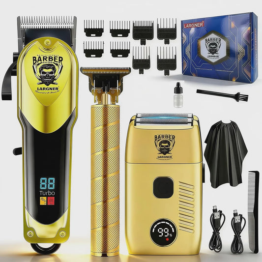 LARGNER 3-in-1 Professionele Barbershop Set: Trimmer, Scheerapparaat & Opzetkammen