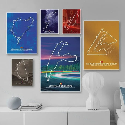 Formule 1 Circuit Poster Canvas - F1 Race Track Kunst Print voor Woonkamer Decoratie