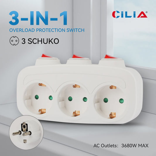 CILIA 3-in-1 Stekkerdoos met 3 Schakelaars - EU Schuko Stopcontacten