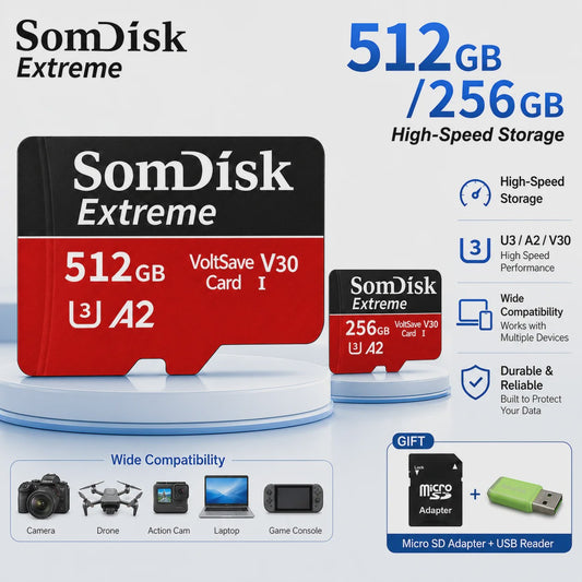 Snelle Micro SD Kaarten (128GB/256GB/512GB) voor Drone, Dash Cam & Tablet - Hoge Capaciteit